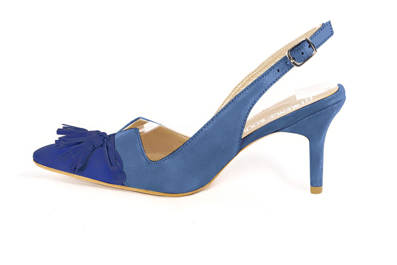 Electric blue women's open back shoes, with a knot. Tapered toe. High slim heel. Profile view - Florence KOOIJMAN